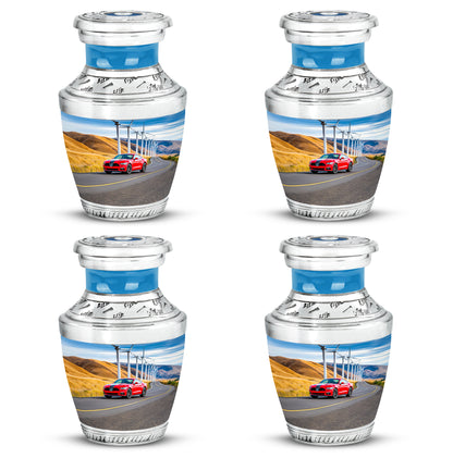 Pastel Blue Car Cremation Urn back view with polished surface - modern art-inspired car motif on sleek aluminum - 10 inch aluminum urn for cremated remains