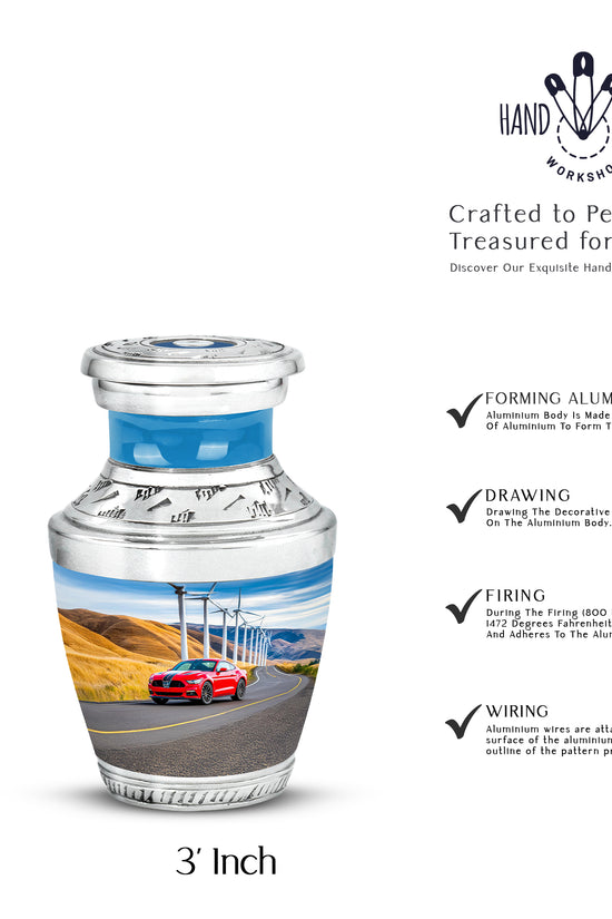 Soft Blue Car Cremation Urn top-down view of secure threaded lid - artistic car interpretation with creative detail - mini keepsake memorial for portion of cremation ashes
