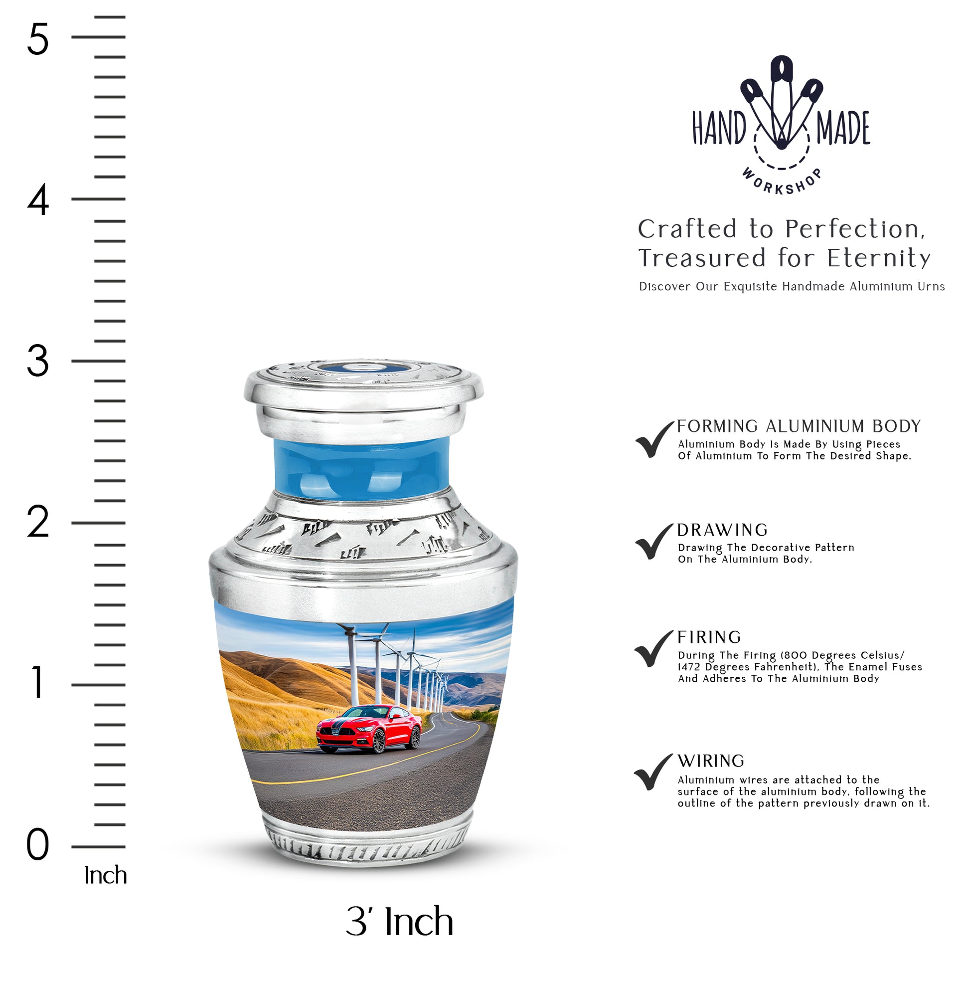 Soft Blue Car Cremation Urn top-down view of secure threaded lid - artistic car interpretation with creative detail - mini keepsake memorial for portion of cremation ashes