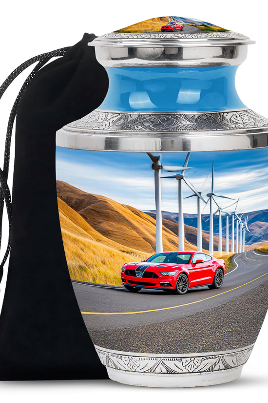 Azure Car Cremation Urn side profile showing urn shape - contemporary car design with modern artistic flair - full-size 10 inch 200 cubic inch adult cremation urn