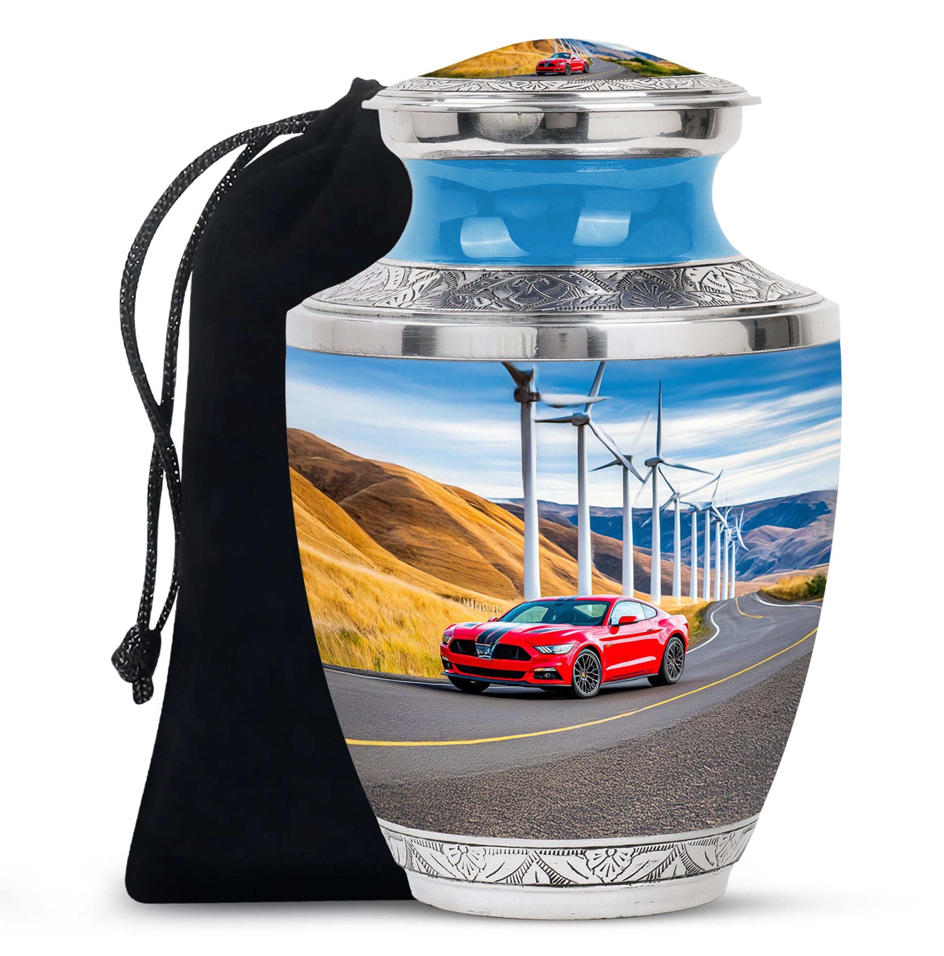 Azure Car Cremation Urn side profile showing urn shape - contemporary car design with modern artistic flair - full-size 10 inch 200 cubic inch adult cremation urn