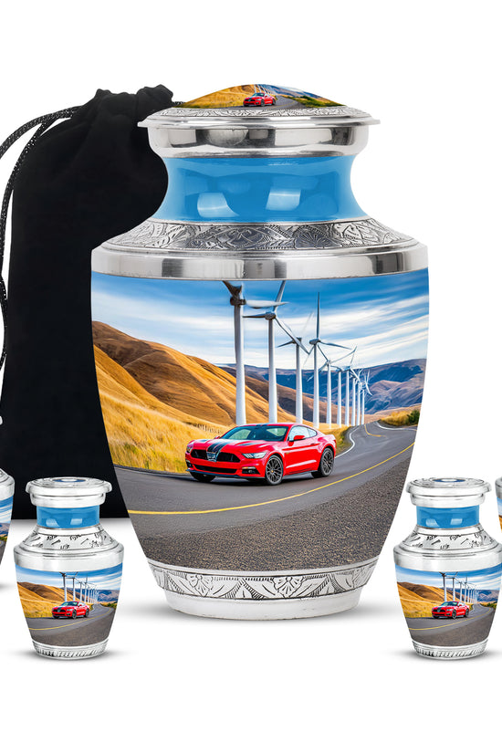 Icy Blue Car Cremation Urn lifestyle display on memorial shelf - contemporary car design with modern artistic flair - memorial set with one large and four small urns