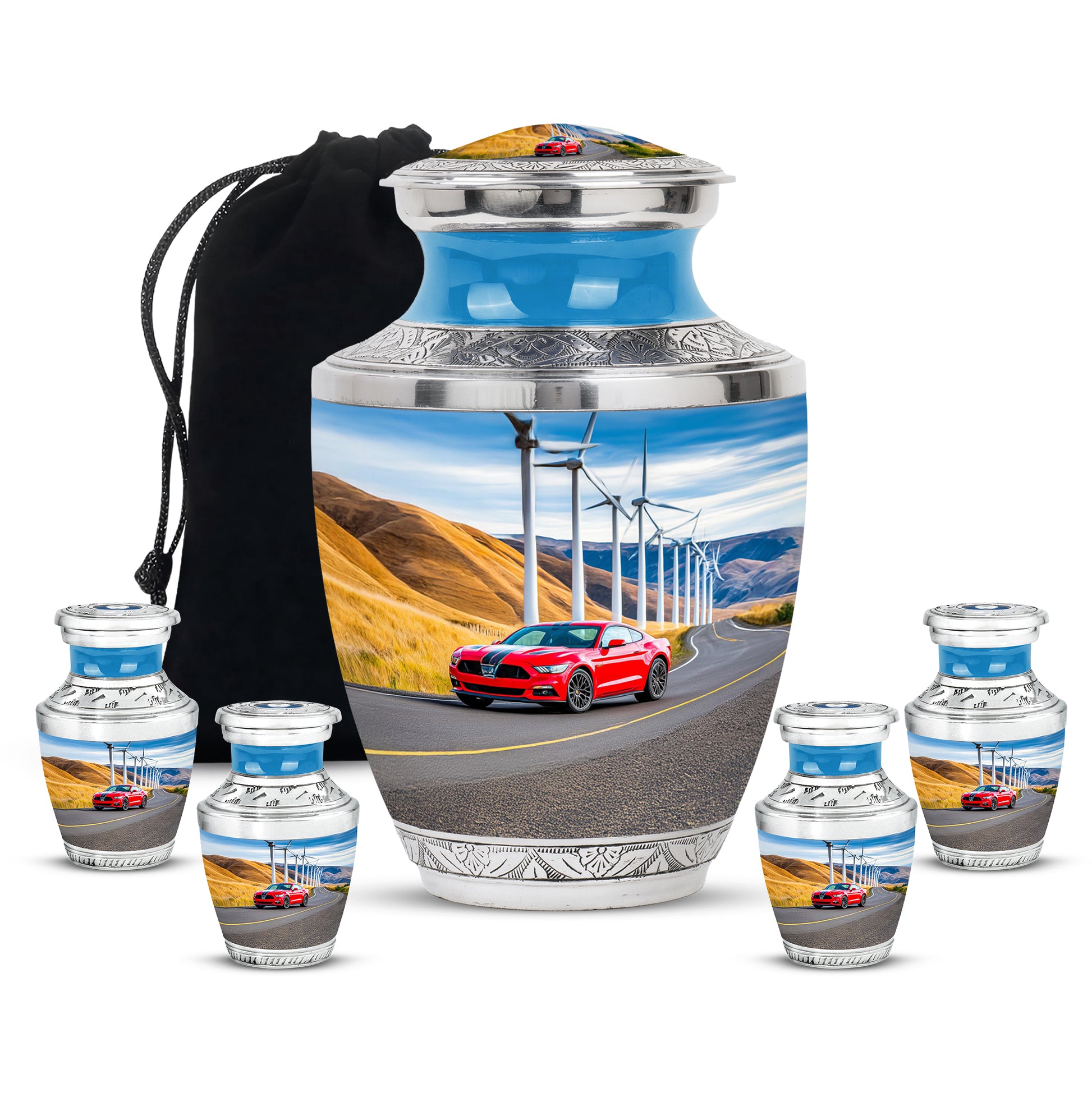 Icy Blue Car Cremation Urn lifestyle display on memorial shelf - contemporary car design with modern artistic flair - memorial set with one large and four small urns