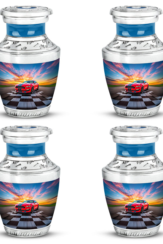 Pastel Blue Car Cremation Urn back view with polished surface - modern art-inspired car motif on sleek aluminum - 10 inch aluminum urn for cremated remains