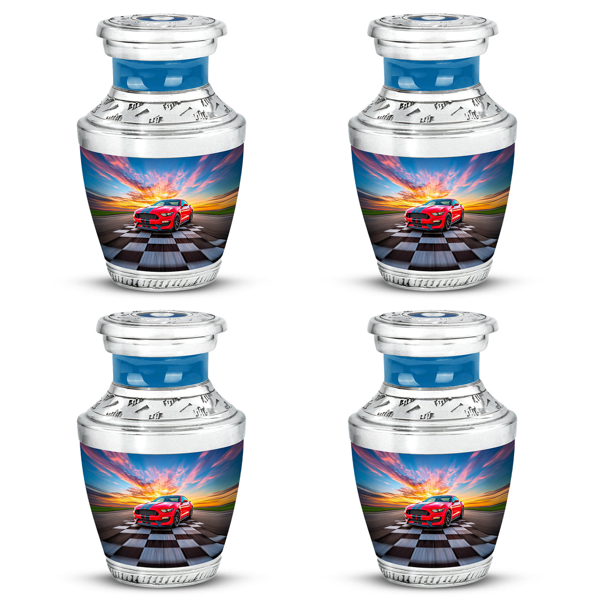 Pastel Blue Car Cremation Urn back view with polished surface - modern art-inspired car motif on sleek aluminum - 10 inch aluminum urn for cremated remains