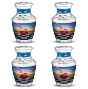 Pastel Blue Car Cremation Urn back view with polished surface - modern art-inspired car motif on sleek aluminum - 10 inch aluminum urn for cremated remains