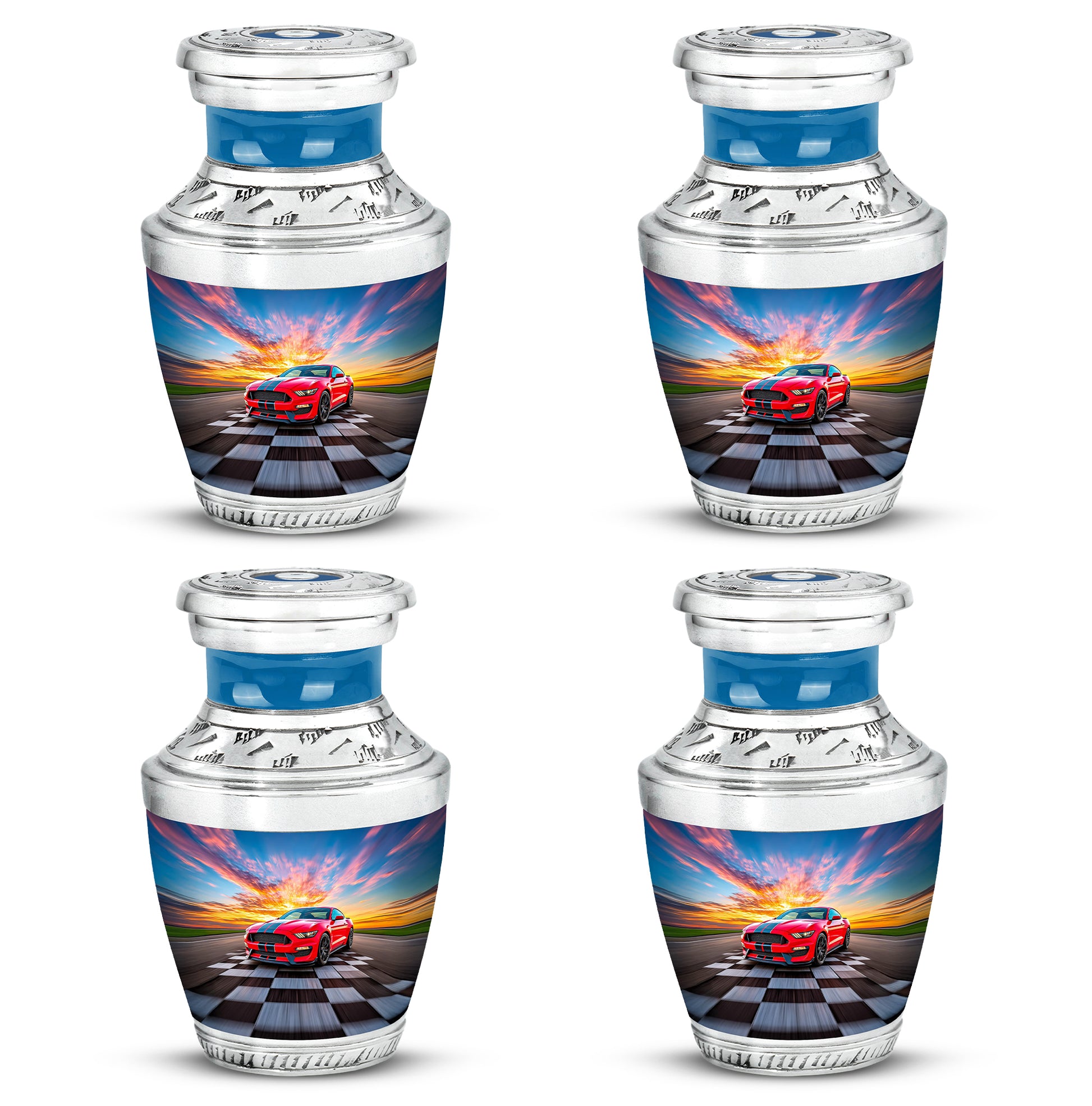 Pastel Blue Car Cremation Urn back view with polished surface - modern art-inspired car motif on sleek aluminum - 10 inch aluminum urn for cremated remains