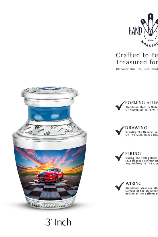 Serene Blue Car Cremation Urn top-down view of secure threaded lid - stylized abstract car pattern with bold lines - mini keepsake memorial for portion of cremation ashes