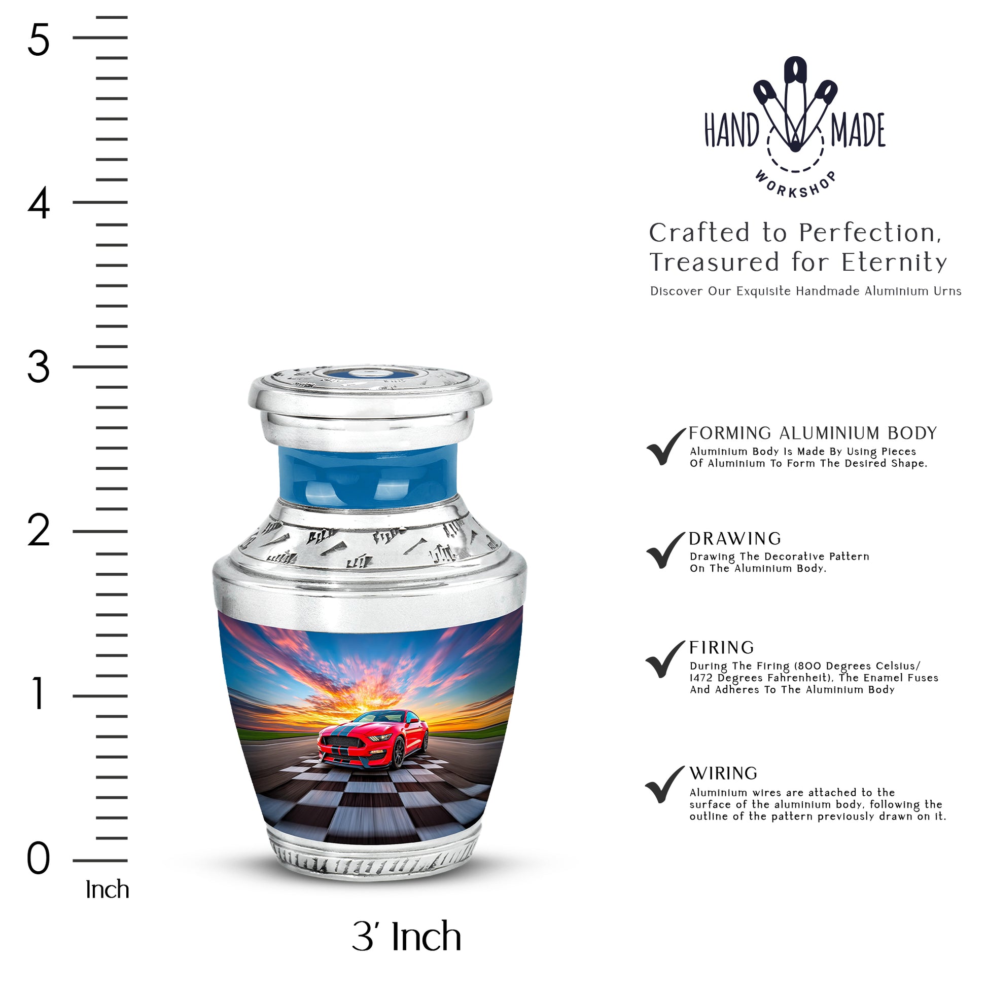 Serene Blue Car Cremation Urn top-down view of secure threaded lid - stylized abstract car pattern with bold lines - mini keepsake memorial for portion of cremation ashes