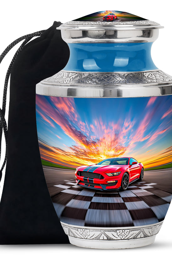Calming Blue Car Cremation Urn side profile showing urn shape - stylized abstract car pattern with bold lines - full-size 10 inch 200 cubic inch adult cremation urn