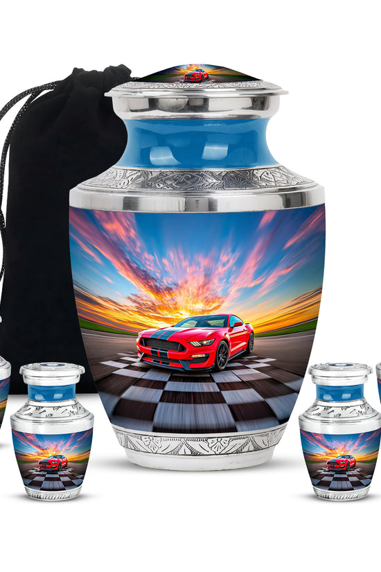 Pastel Blue Car Cremation Urn lifestyle display on memorial shelf - modern art-inspired car motif on sleek aluminum - memorial set with one large and four small urns