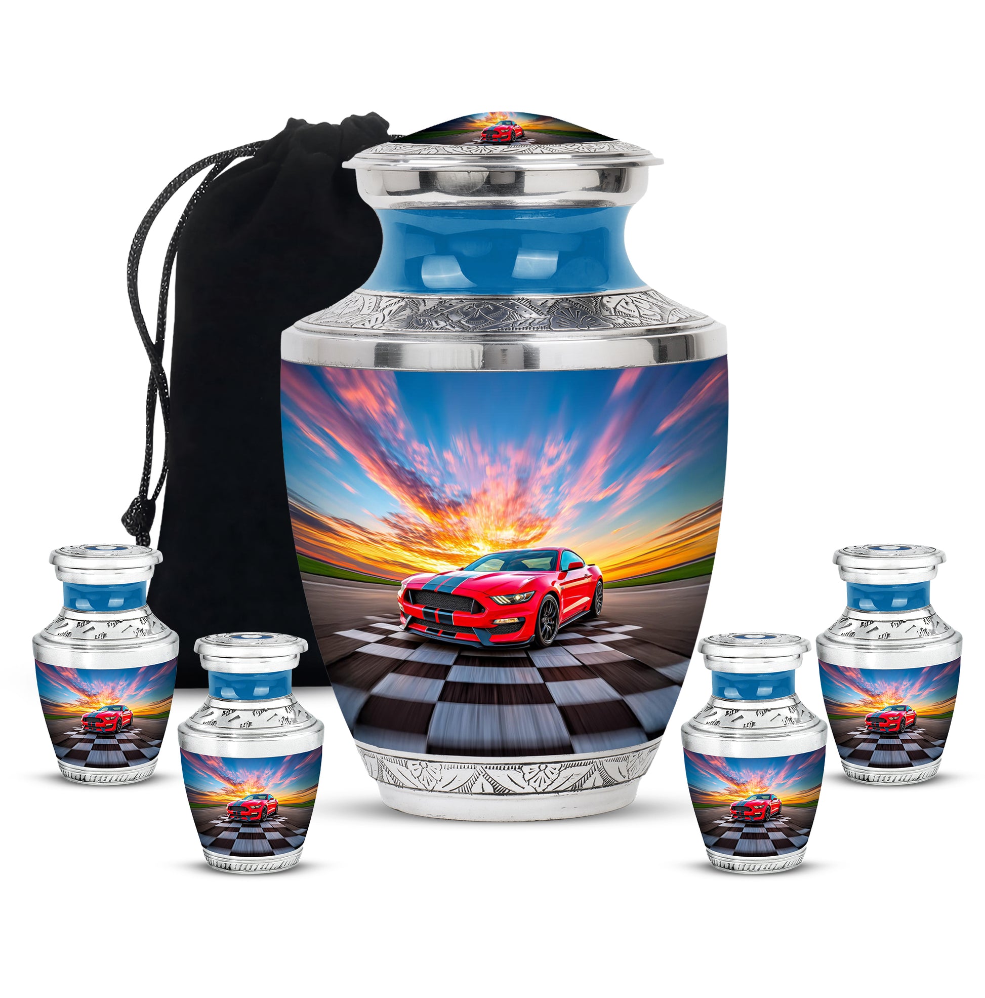 Pastel Blue Car Cremation Urn lifestyle display on memorial shelf - modern art-inspired car motif on sleek aluminum - memorial set with one large and four small urns