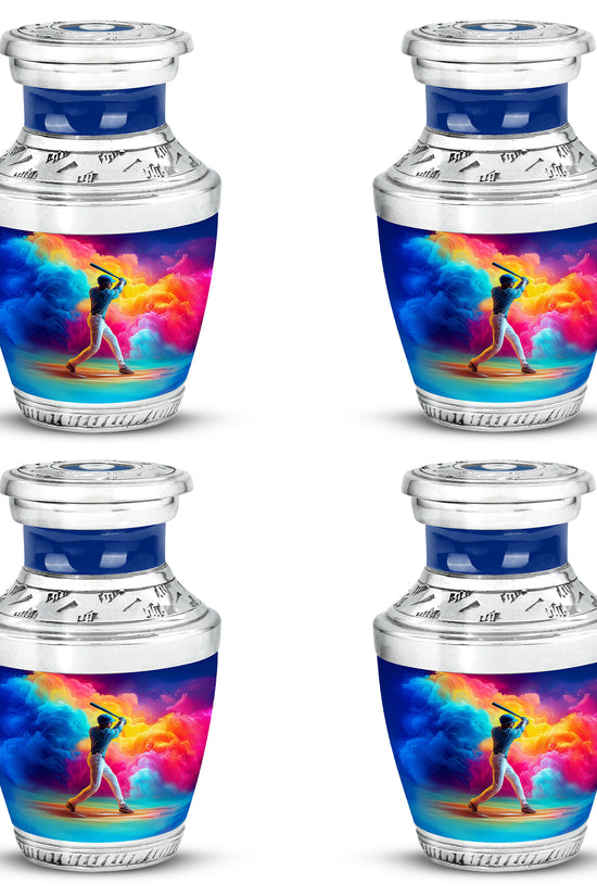 Navy Blue Baseball Cremation Urn back view with polished surface - contemporary baseball design with modern artistic flair - 10 inch aluminum urn for cremated remains
