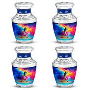 Navy Blue Baseball Cremation Urn back view with polished surface - contemporary baseball design with modern artistic flair - 10 inch aluminum urn for cremated remains