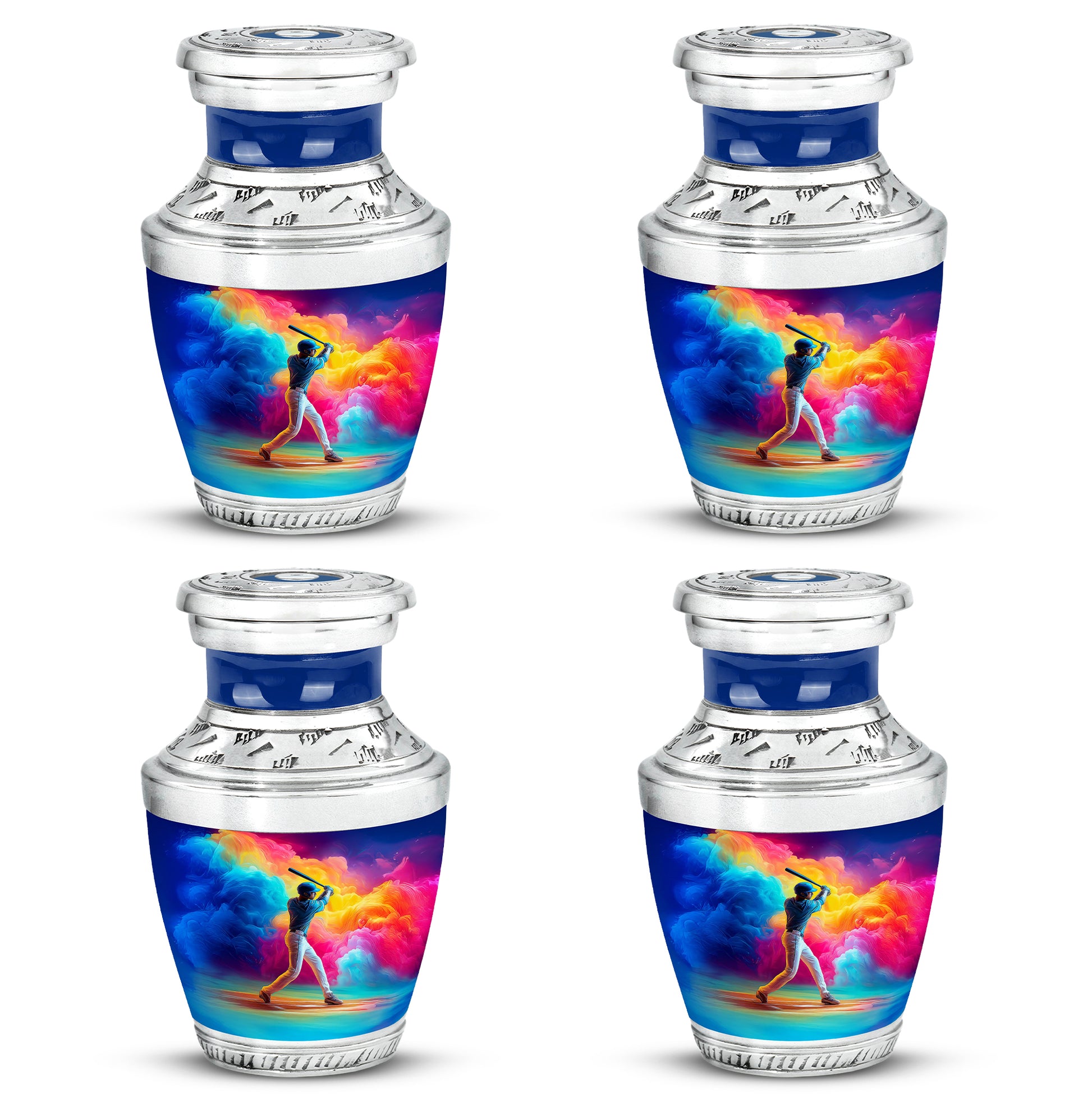 Navy Blue Baseball Cremation Urn back view with polished surface - contemporary baseball design with modern artistic flair - 10 inch aluminum urn for cremated remains
