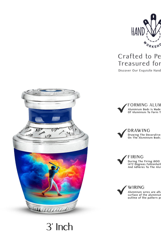 Azure Baseball Cremation Urn top-down view of secure threaded lid - modern art-inspired baseball motif on sleek aluminum - mini keepsake memorial for portion of cremation ashes