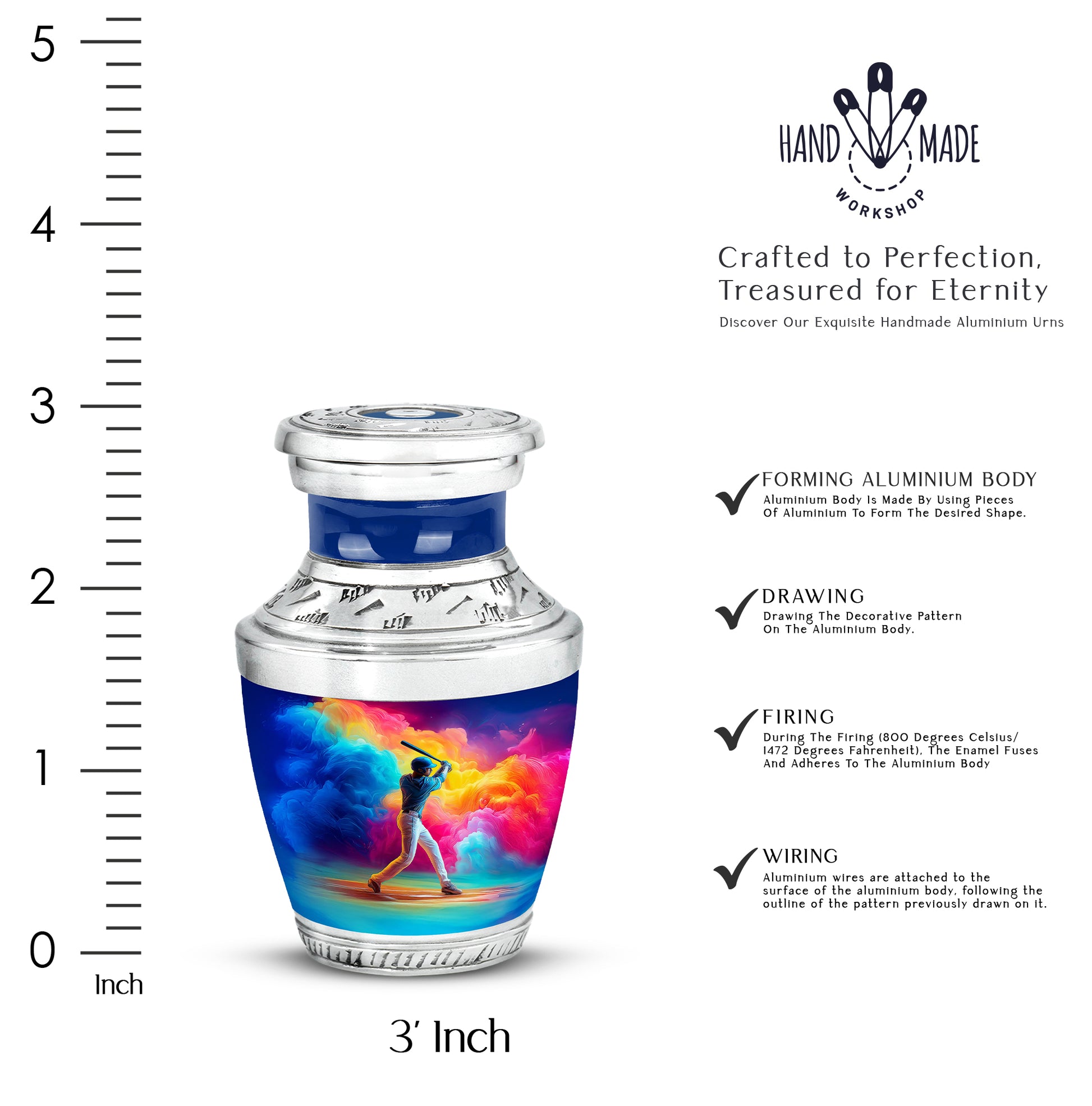 Azure Baseball Cremation Urn top-down view of secure threaded lid - modern art-inspired baseball motif on sleek aluminum - mini keepsake memorial for portion of cremation ashes