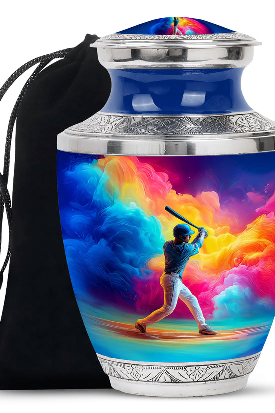 Serene Blue Baseball Cremation Urn side profile showing urn shape - stylized abstract baseball pattern with bold lines - full-size 10 inch 200 cubic inch adult cremation urn