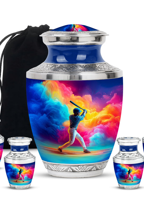 Sky Blue Baseball Cremation Urn lifestyle display on memorial shelf - modern art-inspired baseball motif on sleek aluminum - memorial set with one large and four small urns