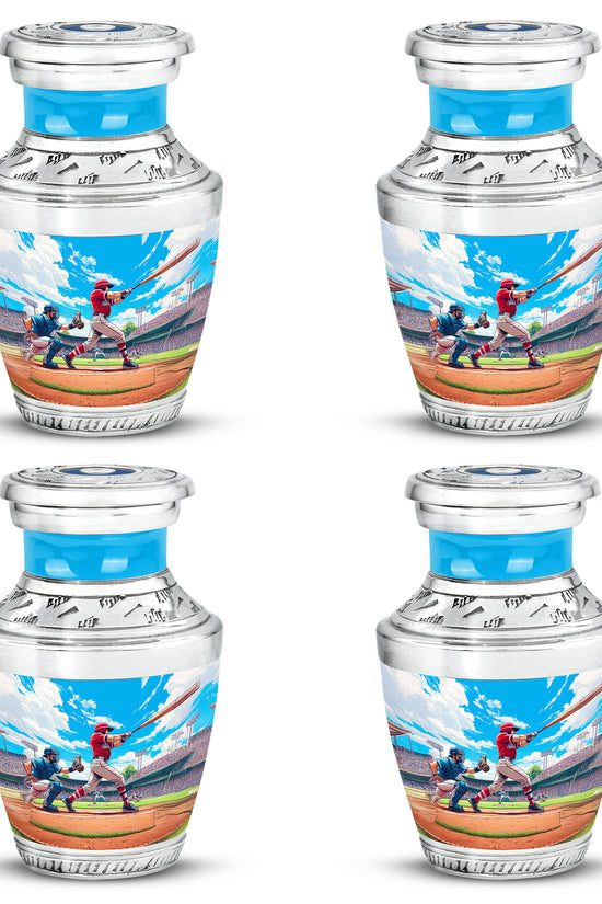 Calming Blue Baseball Cremation Urn back view with polished surface - stylized abstract baseball pattern with bold lines - 10 inch aluminum urn for cremated remains