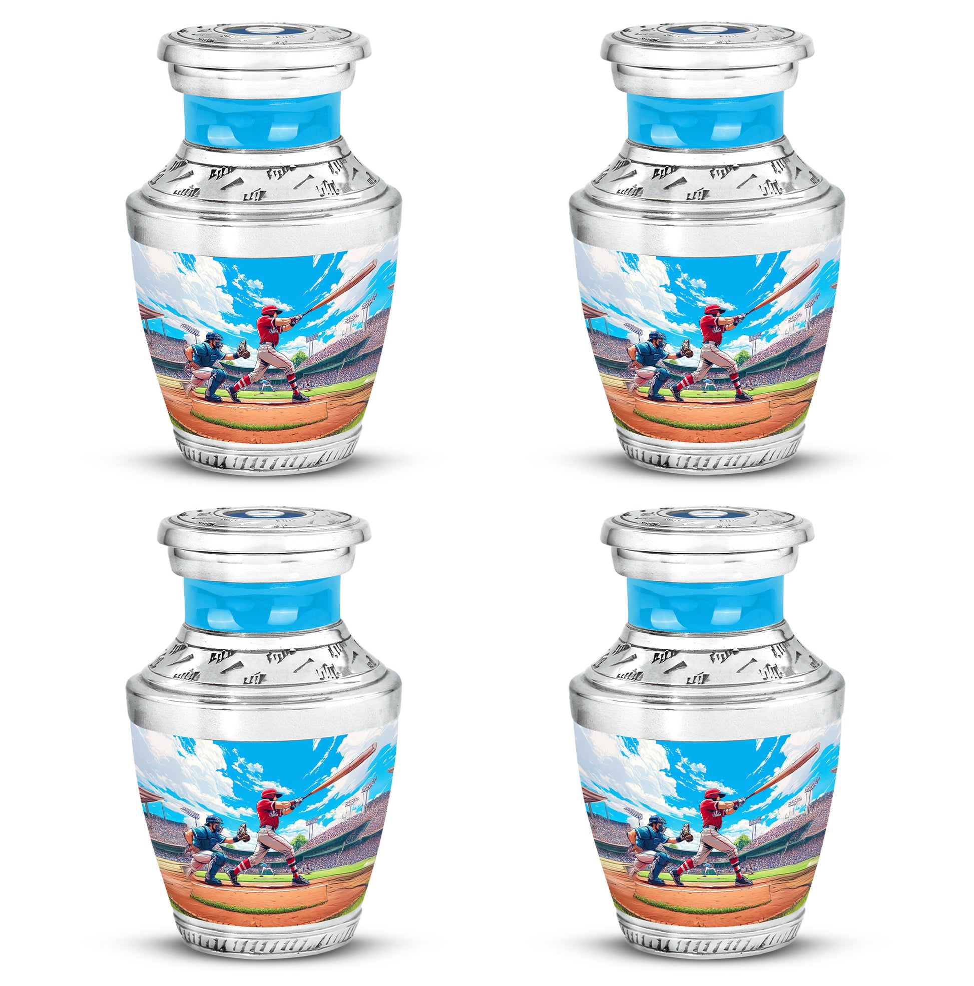 Calming Blue Baseball Cremation Urn back view with polished surface - stylized abstract baseball pattern with bold lines - 10 inch aluminum urn for cremated remains