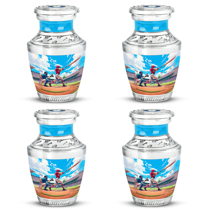 Calming Blue Baseball Cremation Urn back view with polished surface - stylized abstract baseball pattern with bold lines - 10 inch aluminum urn for cremated remains
