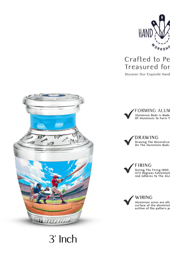 Steel Blue Baseball Cremation Urn top-down view of secure threaded lid - stylized abstract baseball pattern with bold lines - mini keepsake memorial for portion of cremation ashes