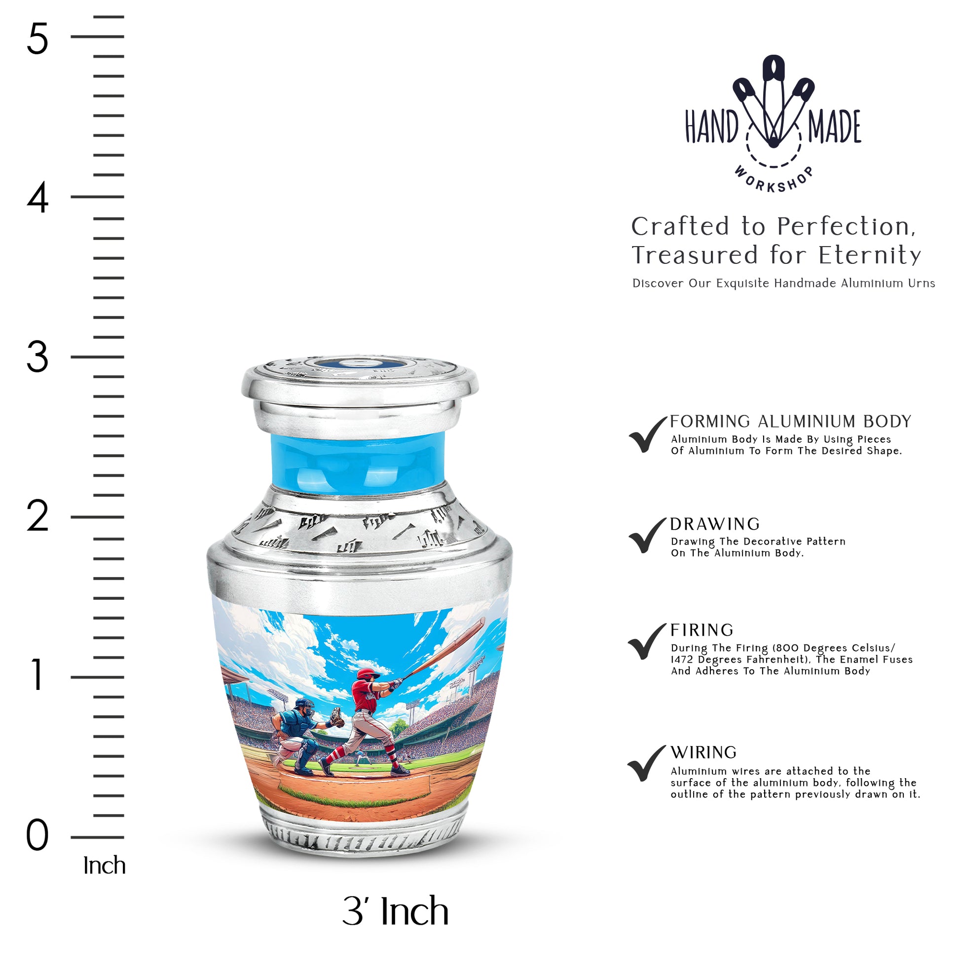 Steel Blue Baseball Cremation Urn top-down view of secure threaded lid - stylized abstract baseball pattern with bold lines - mini keepsake memorial for portion of cremation ashes