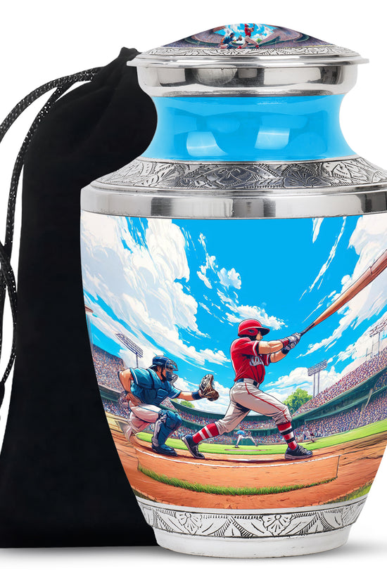 Azure Baseball Cremation Urn side profile showing urn shape - contemporary baseball design with modern artistic flair - full-size 10 inch 200 cubic inch adult cremation urn