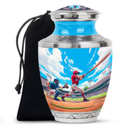 Azure Baseball Cremation Urn side profile showing urn shape - contemporary baseball design with modern artistic flair - full-size 10 inch 200 cubic inch adult cremation urn