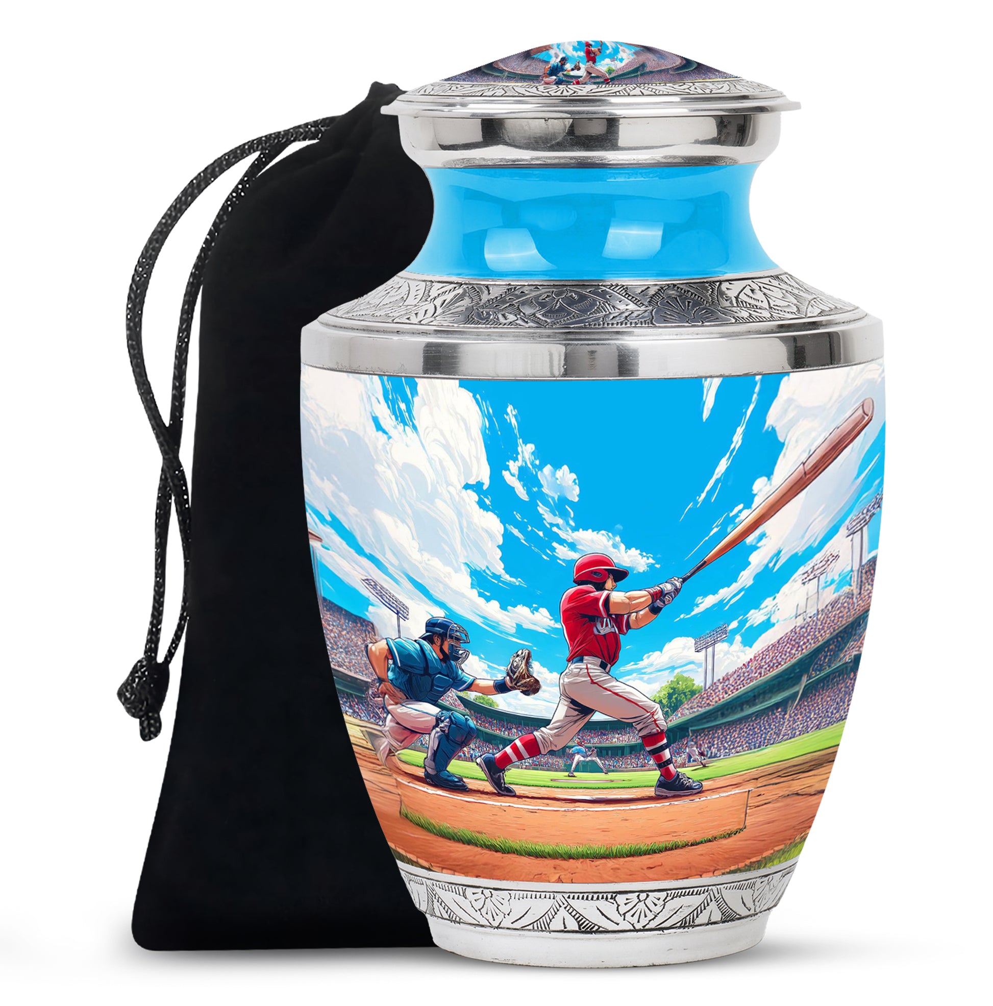Azure Baseball Cremation Urn side profile showing urn shape - contemporary baseball design with modern artistic flair - full-size 10 inch 200 cubic inch adult cremation urn
