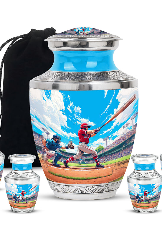 Pastel Blue Baseball Cremation Urn lifestyle display on memorial shelf - modern art-inspired baseball motif on sleek aluminum - memorial set with one large and four small urns