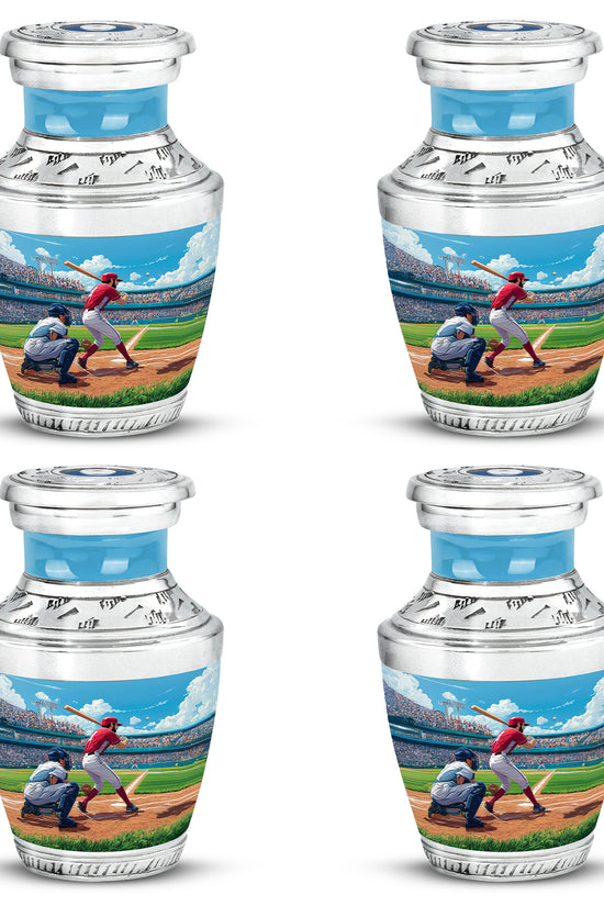 Celestial Blue Baseball Cremation Urn back view with polished surface - modern art-inspired baseball motif on sleek aluminum - 10 inch aluminum urn for cremated remains