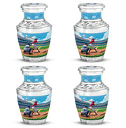 Celestial Blue Baseball Cremation Urn back view with polished surface - modern art-inspired baseball motif on sleek aluminum - 10 inch aluminum urn for cremated remains