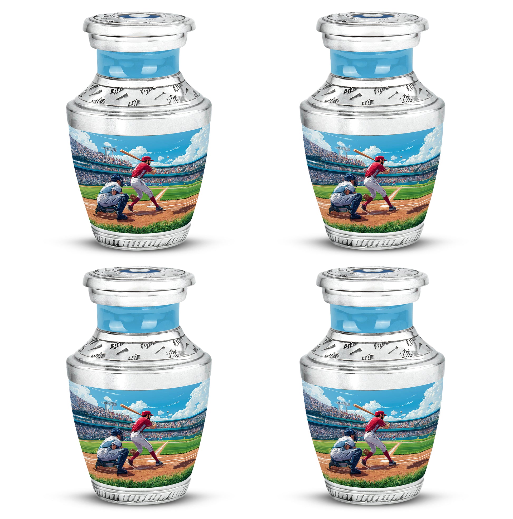 Celestial Blue Baseball Cremation Urn back view with polished surface - modern art-inspired baseball motif on sleek aluminum - 10 inch aluminum urn for cremated remains