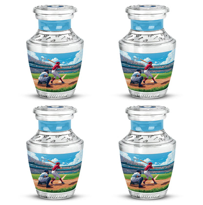 Celestial Blue Baseball Cremation Urn back view with polished surface - modern art-inspired baseball motif on sleek aluminum - 10 inch aluminum urn for cremated remains