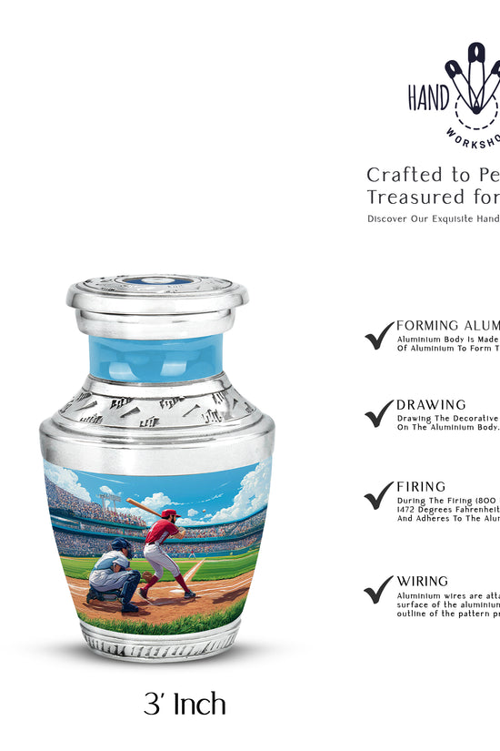 Navy Blue Baseball Cremation Urn top-down view of secure threaded lid - contemporary baseball design with modern artistic flair - mini keepsake memorial for portion of cremation ashes