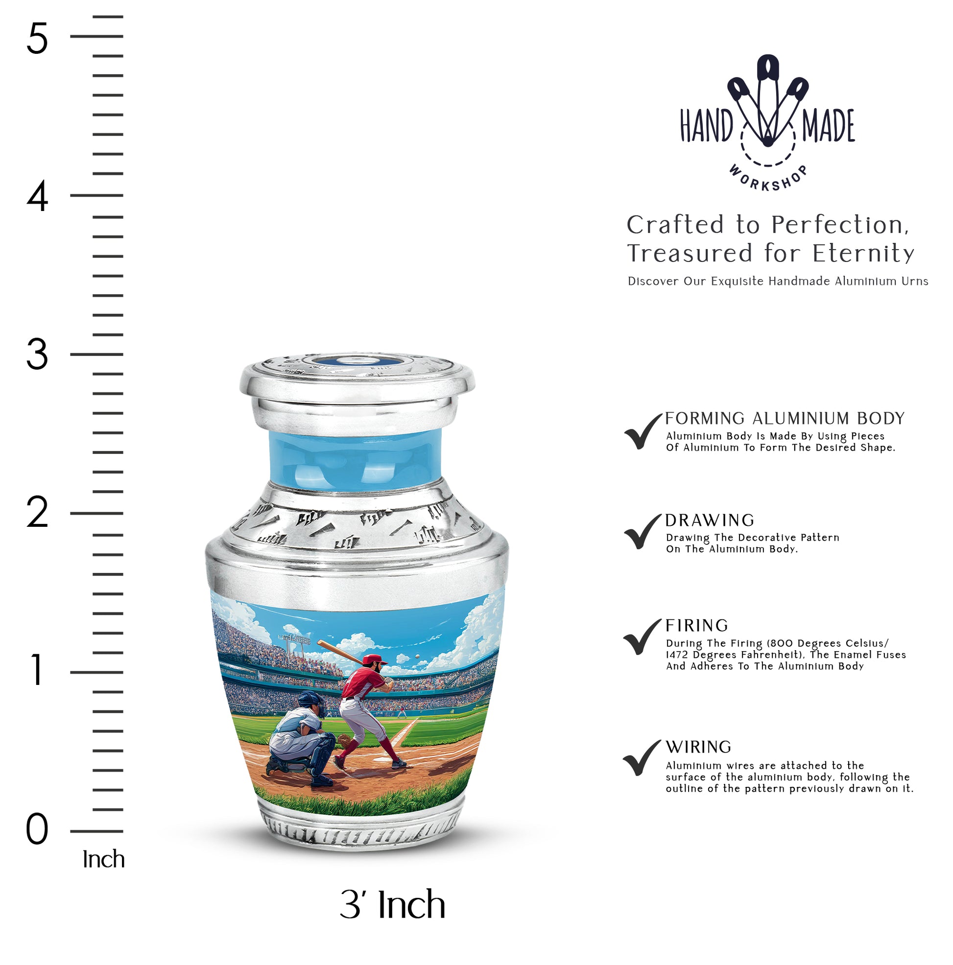 Navy Blue Baseball Cremation Urn top-down view of secure threaded lid - contemporary baseball design with modern artistic flair - mini keepsake memorial for portion of cremation ashes