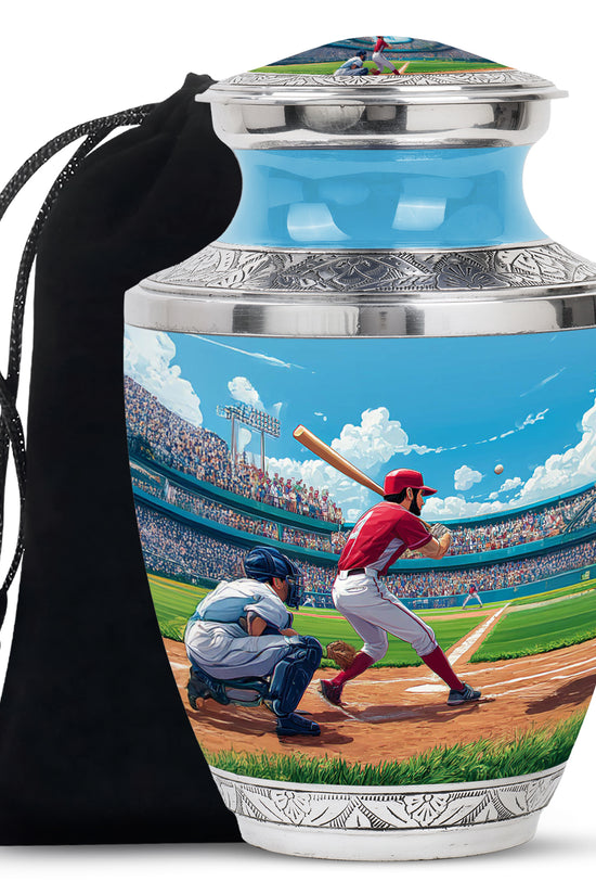 Royal Blue Baseball Cremation Urn side profile showing urn shape - stylized abstract baseball pattern with bold lines - full-size 10 inch 200 cubic inch adult cremation urn