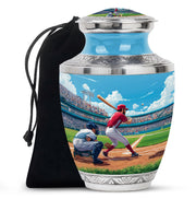 Royal Blue Baseball Cremation Urn side profile showing urn shape - stylized abstract baseball pattern with bold lines - full-size 10 inch 200 cubic inch adult cremation urn
