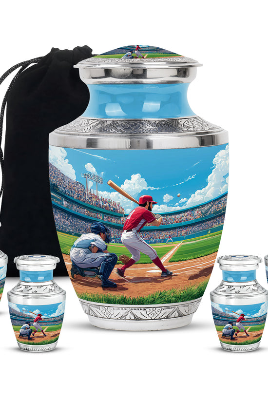 Azure Baseball Cremation Urn lifestyle display on memorial shelf - modern art-inspired baseball motif on sleek aluminum - memorial set with one large and four small urns