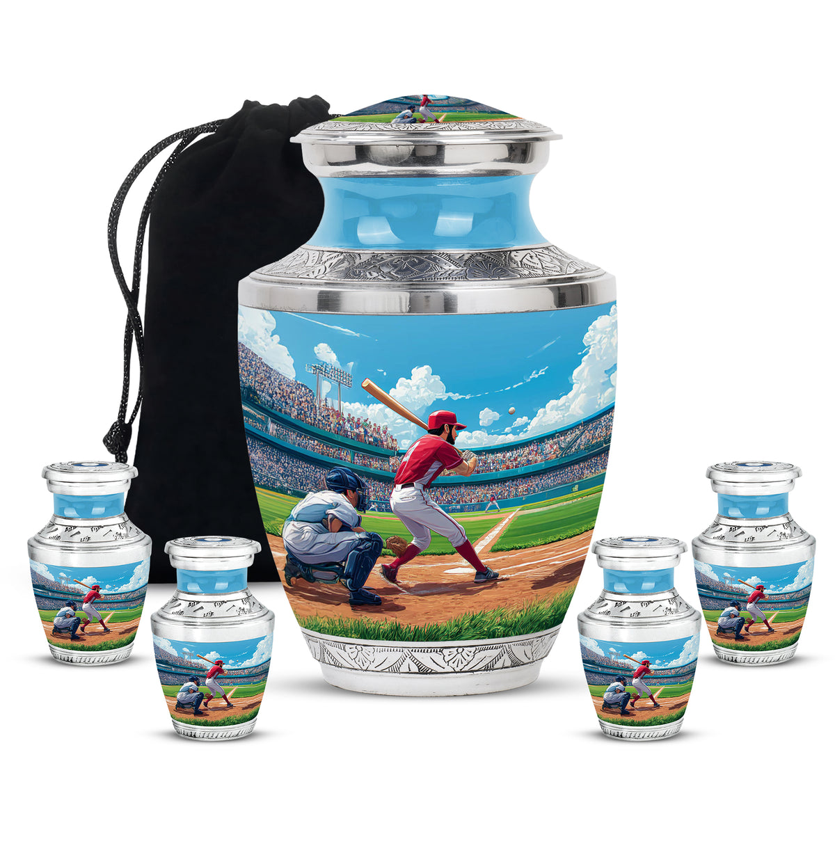 Azure Baseball Cremation Urn lifestyle display on memorial shelf - modern art-inspired baseball motif on sleek aluminum - memorial set with one large and four small urns