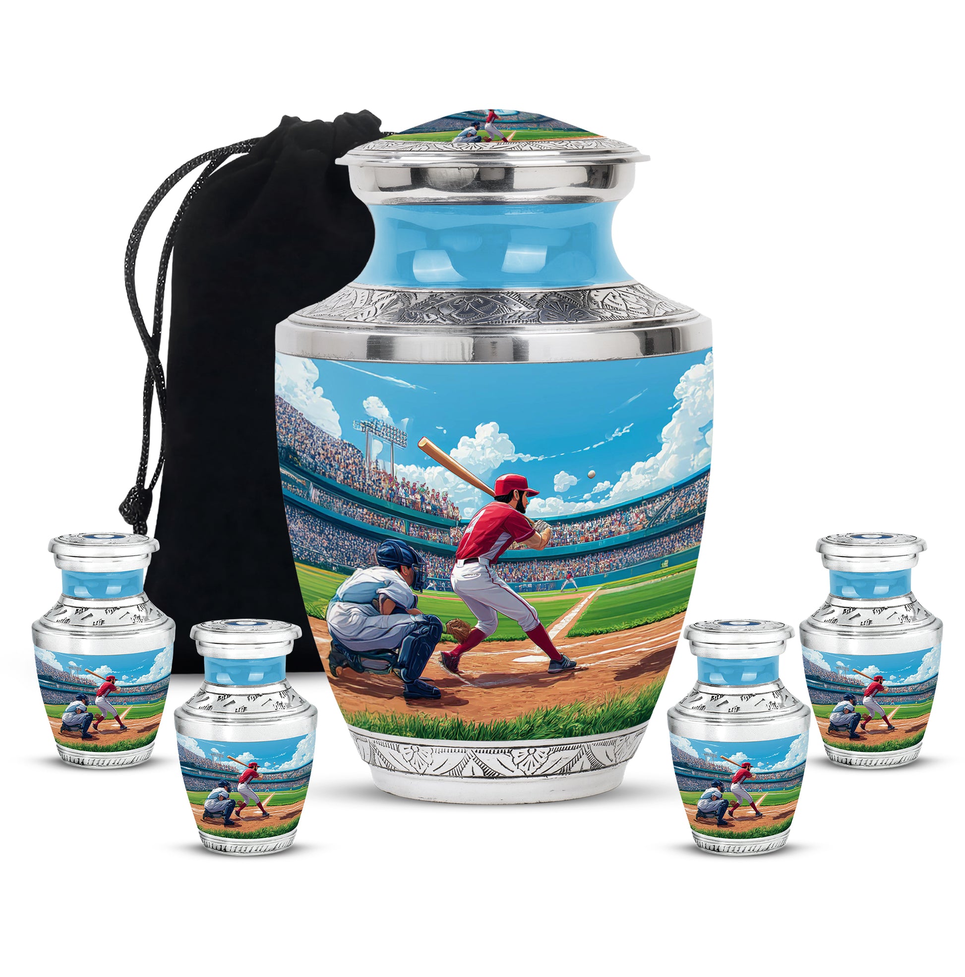 Azure Baseball Cremation Urn lifestyle display on memorial shelf - modern art-inspired baseball motif on sleek aluminum - memorial set with one large and four small urns