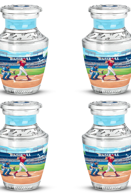 Deep Teal Baseball Cremation Urn back view with polished surface - artistic baseball interpretation with creative detail - 10 inch aluminum urn for cremated remains