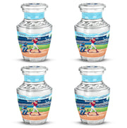 Deep Teal Baseball Cremation Urn back view with polished surface - artistic baseball interpretation with creative detail - 10 inch aluminum urn for cremated remains