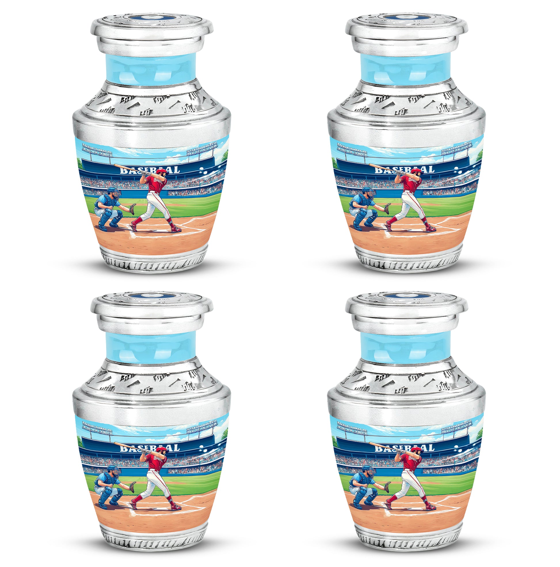 Deep Teal Baseball Cremation Urn back view with polished surface - artistic baseball interpretation with creative detail - 10 inch aluminum urn for cremated remains
