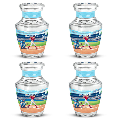 Deep Teal Baseball Cremation Urn back view with polished surface - artistic baseball interpretation with creative detail - 10 inch aluminum urn for cremated remains