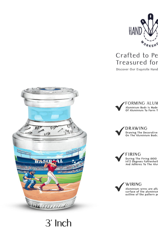 Vivid Teal Baseball Cremation Urn top-down view of secure threaded lid - artistic baseball interpretation with creative detail - mini keepsake memorial for portion of cremation ashes