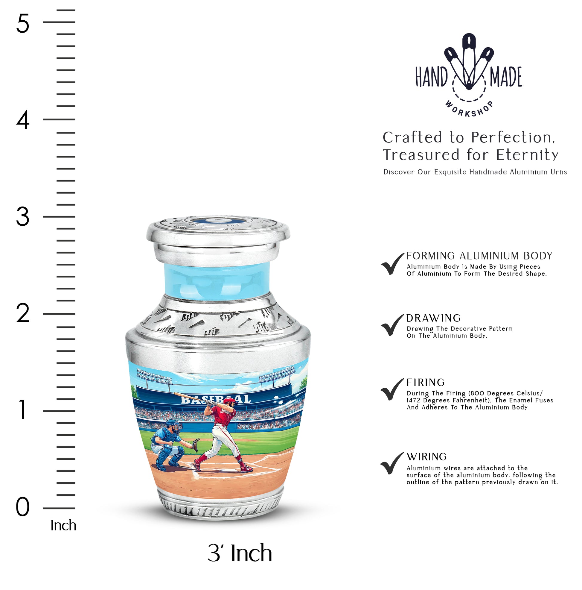 Vivid Teal Baseball Cremation Urn top-down view of secure threaded lid - artistic baseball interpretation with creative detail - mini keepsake memorial for portion of cremation ashes