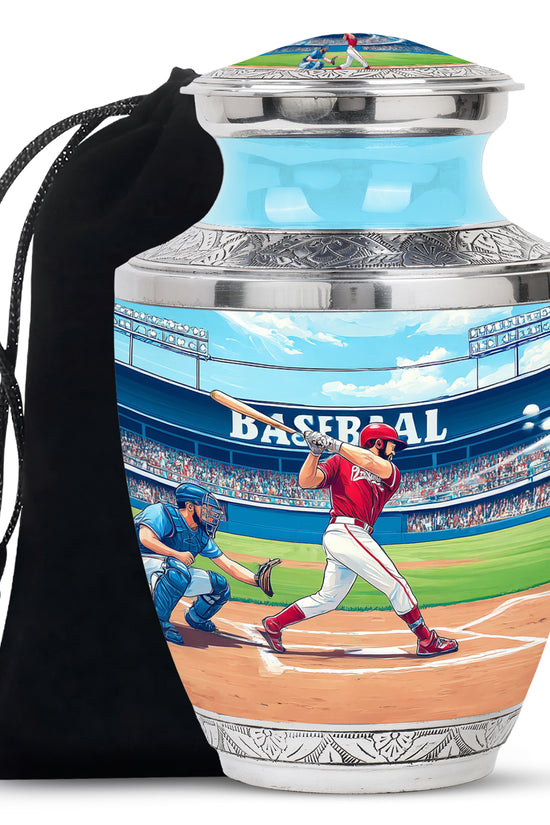 Sea Green Teal Baseball Cremation Urn side profile showing urn shape - contemporary baseball design with modern artistic flair - full-size 10 inch 200 cubic inch adult cremation urn